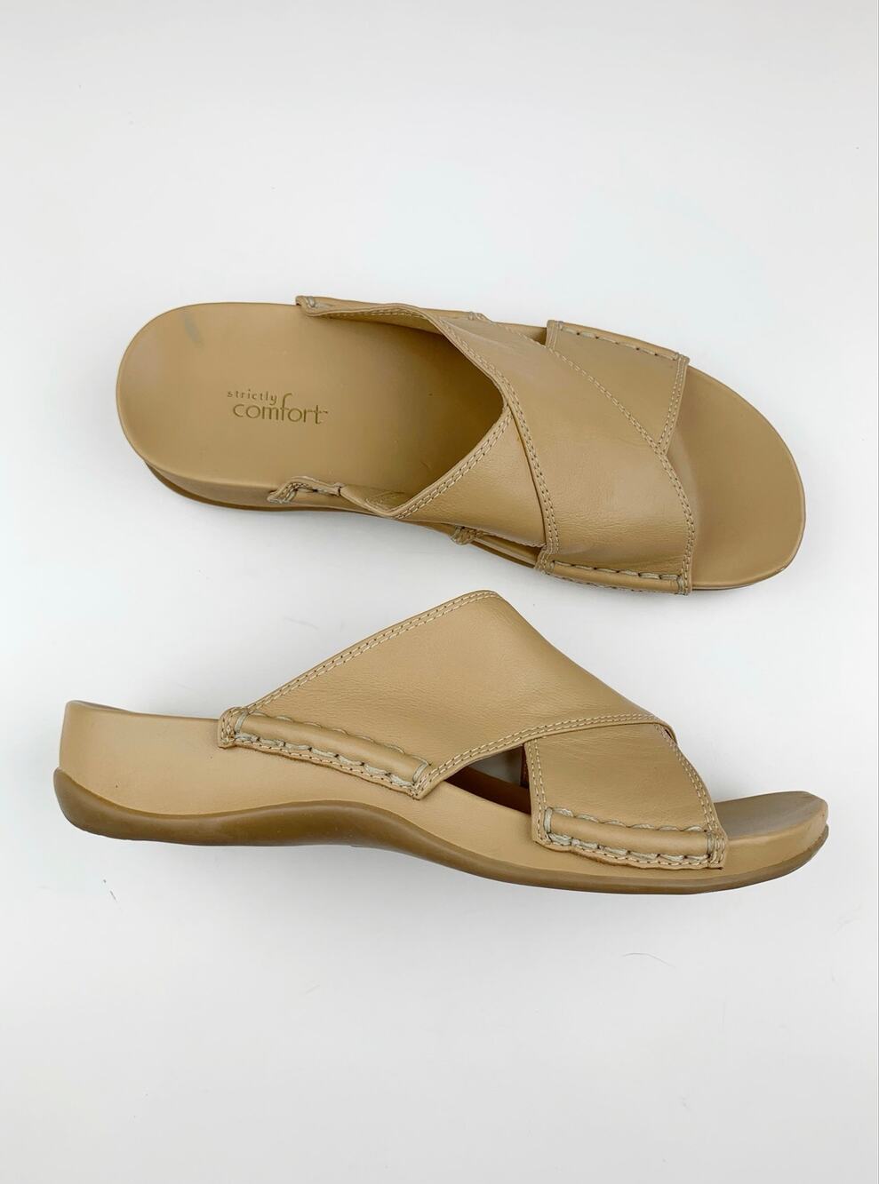 Strictly Comfort Sandals Tan Leather Slip On Slides Women's 9 Casual Vacation